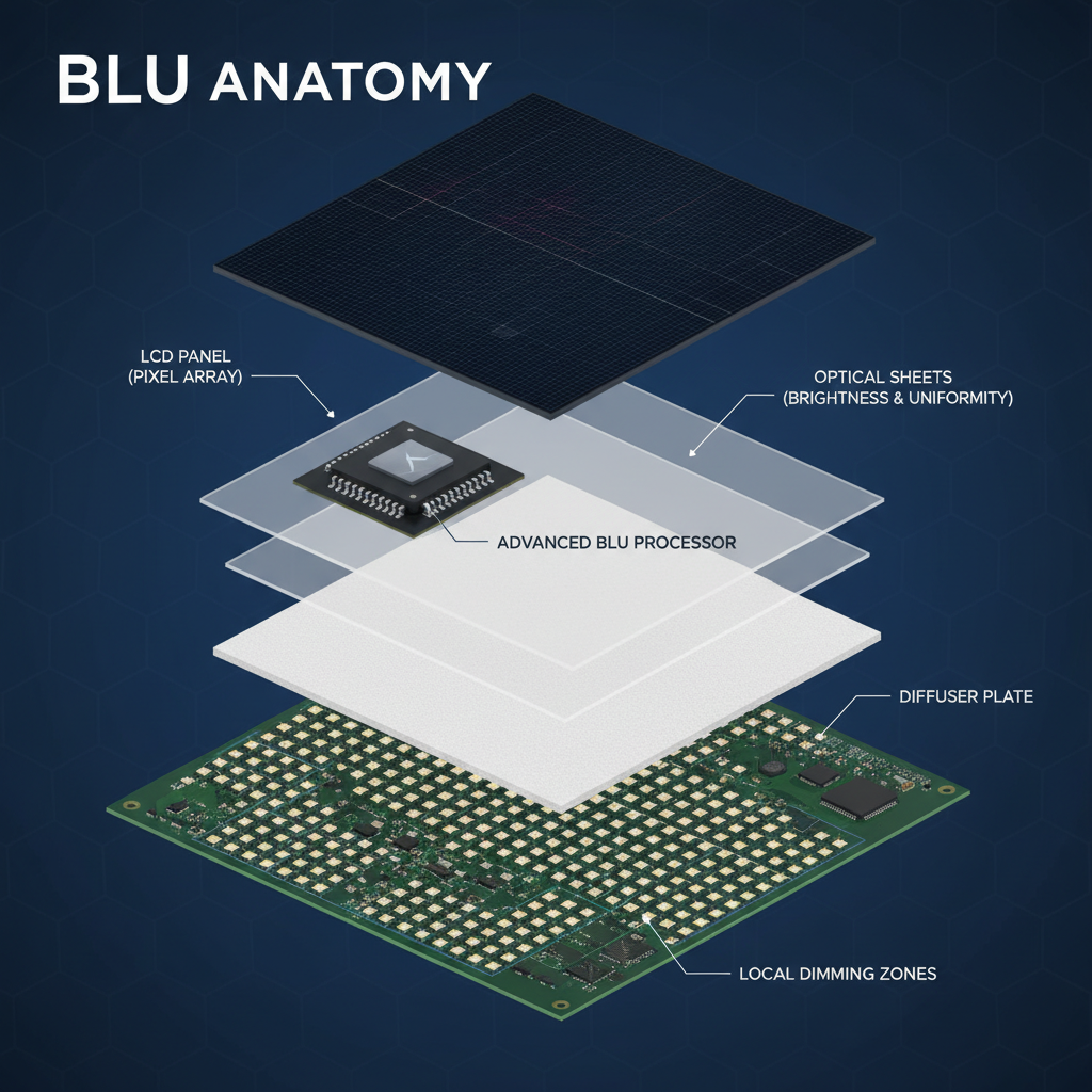 An exploded view diagram detailing the components of a Mini LED backlight unit (BLU), showing the PCB with thousands of mini LEDs and optical layers.