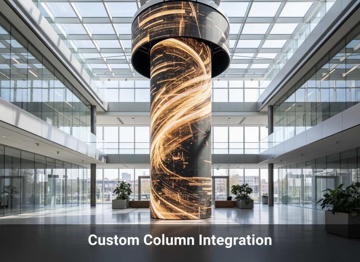 A modern corporate atrium featuring a massive structural column seamlessly wrapped in a curved holographic LED screen, displaying golden abstract light trails and data visualizations that appear to orbit the column, demonstrating custom column integration in complex architecture.