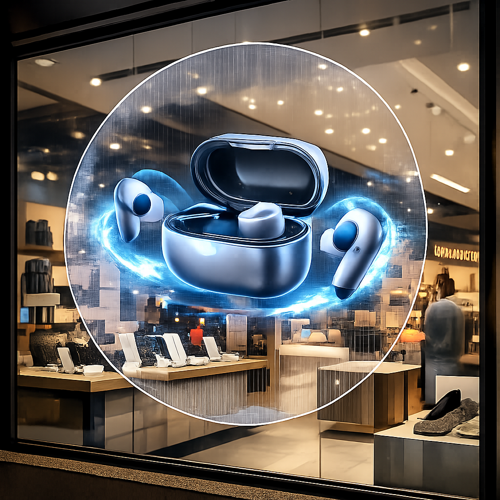 A high-tech retail environment showcasing a transparent LED film display. The flexible, irregular-shaped screen is circular and applied directly to a large window. It displays a 3D product animation that appears to float in mid-air, while the actual physical products and store interior are clearly visible through the transparent display background.