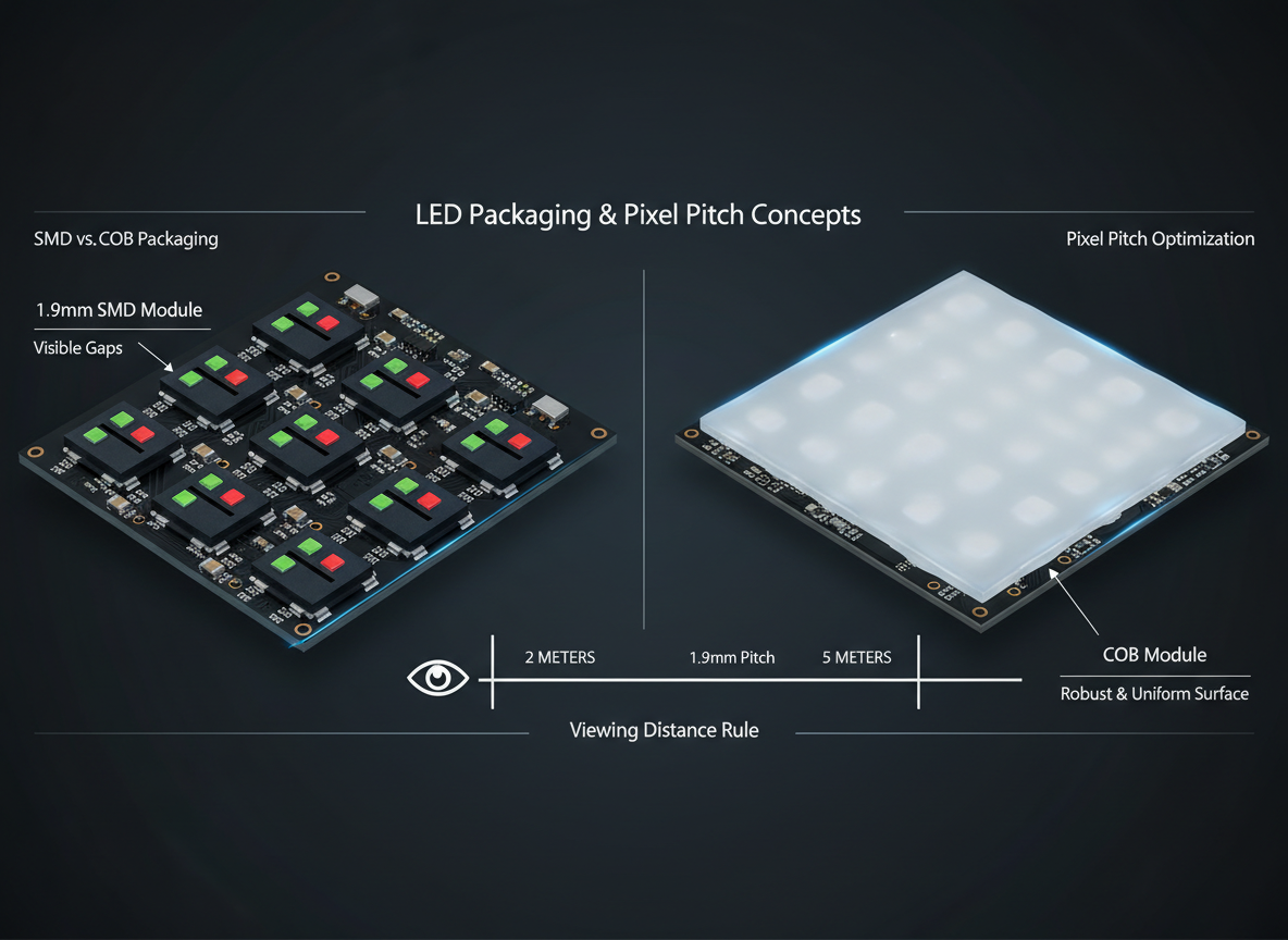 LED封装和像素间距的详细技术插图，比较了1.9毫米SMD模块与带有光滑保护树脂涂层的COB模块。插图还通过“观看距离规则”展示了像素间距优化，说明了SMD与COB的封装区别，强调了B2B项目中可靠性、可维护性和保护的重要性。