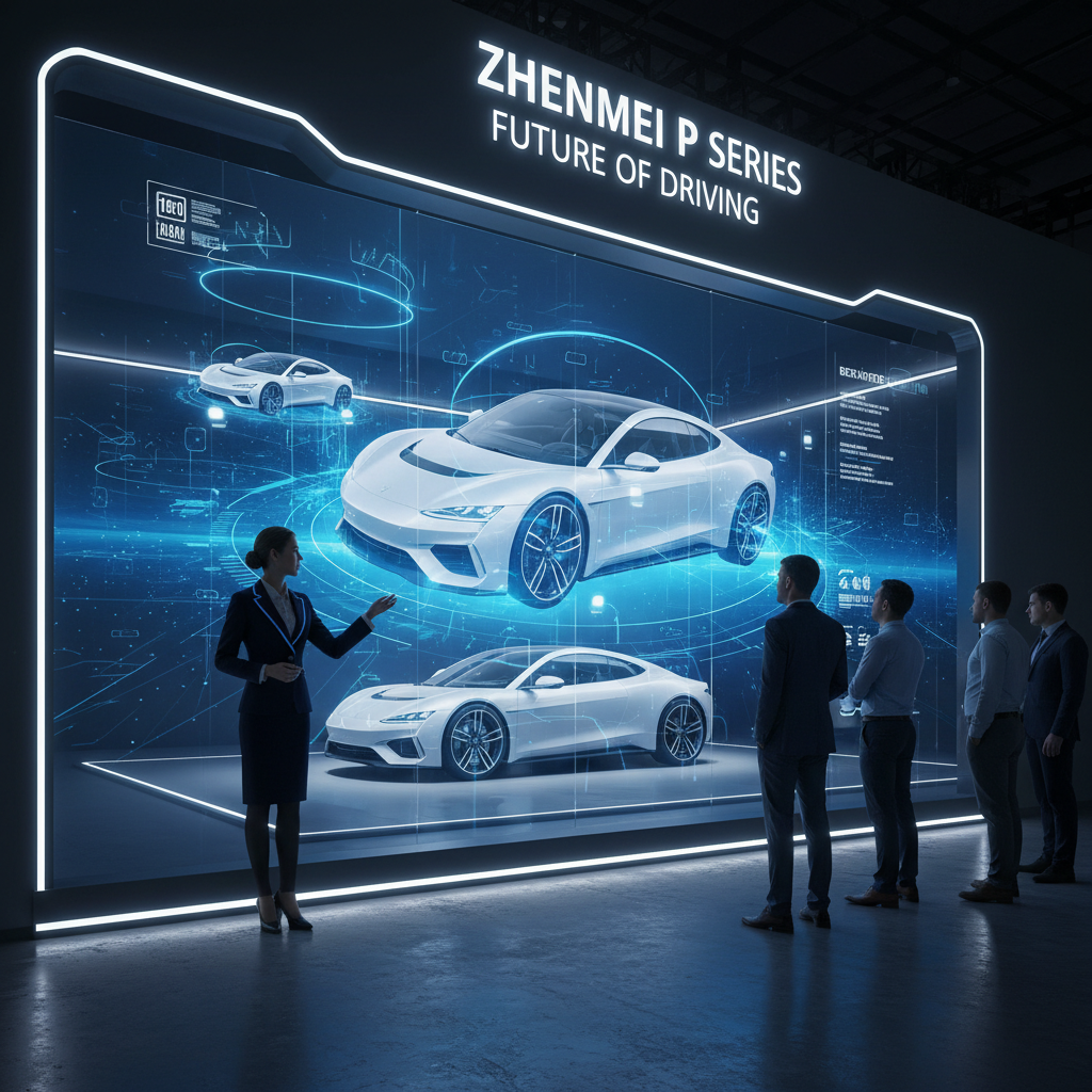 Inside an exhibition booth, a Zhenmei P Series screen functions as a dynamic backdrop, displaying floating 3D graphics of an automotive model while allowing attendees to view the actual car behind it.