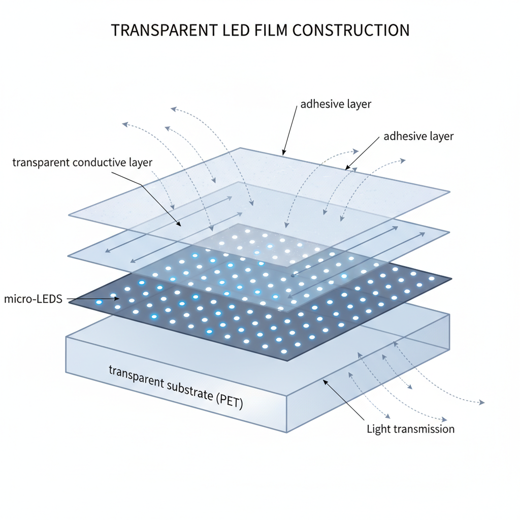 A diagrammatic illustration breaking down the construction of a transparent LED film. Show several layers: a clear, flexible polymer film base (PET), embedded micro-LEDs creating pixels, a transparent conductive layer for power, and a self-adhesive layer. Arrows indicate light passing through, demonstrating transparency. Annotations point out 'micro-LEDs', 'transparent substrate', 'adhesive layer'.