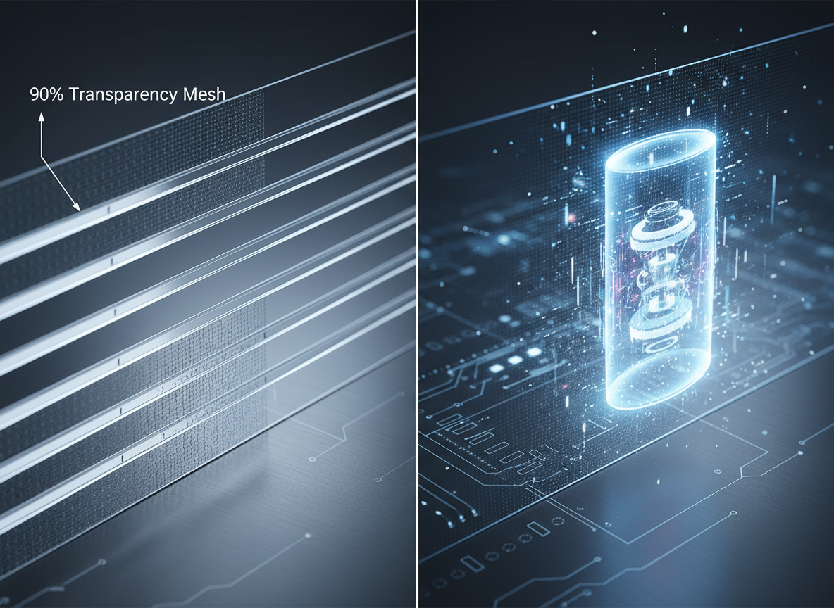 A macro comparison showing the physical structure of an LED holographic screen with 90% transparency mesh, highlighting the thin horizontal LED strips and the gaps that allow light through, contrasted with a glowing product image formed by the LEDs.