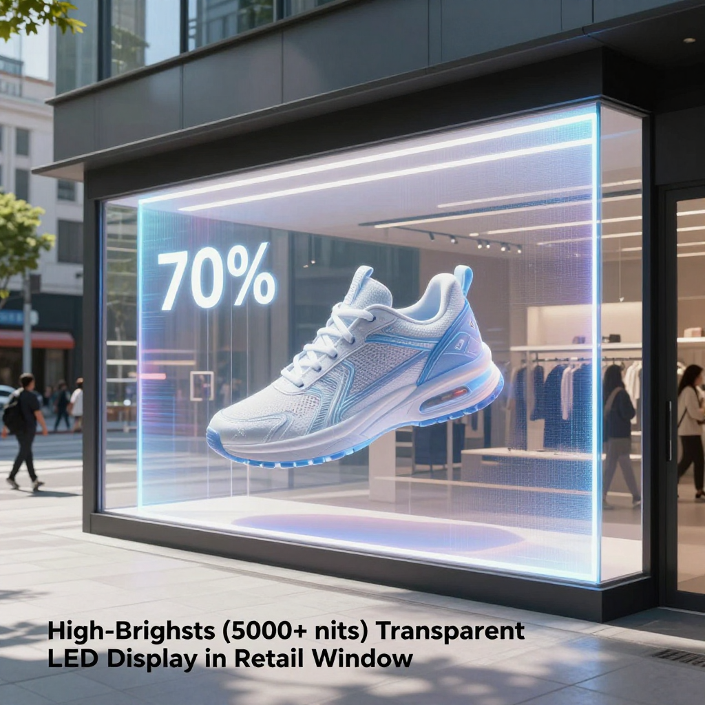 高亮度（5000+尼特）透明LED显示屏在零售橱窗中的应用，展示了漂浮的3D运动鞋，背景城市街道清晰可见。