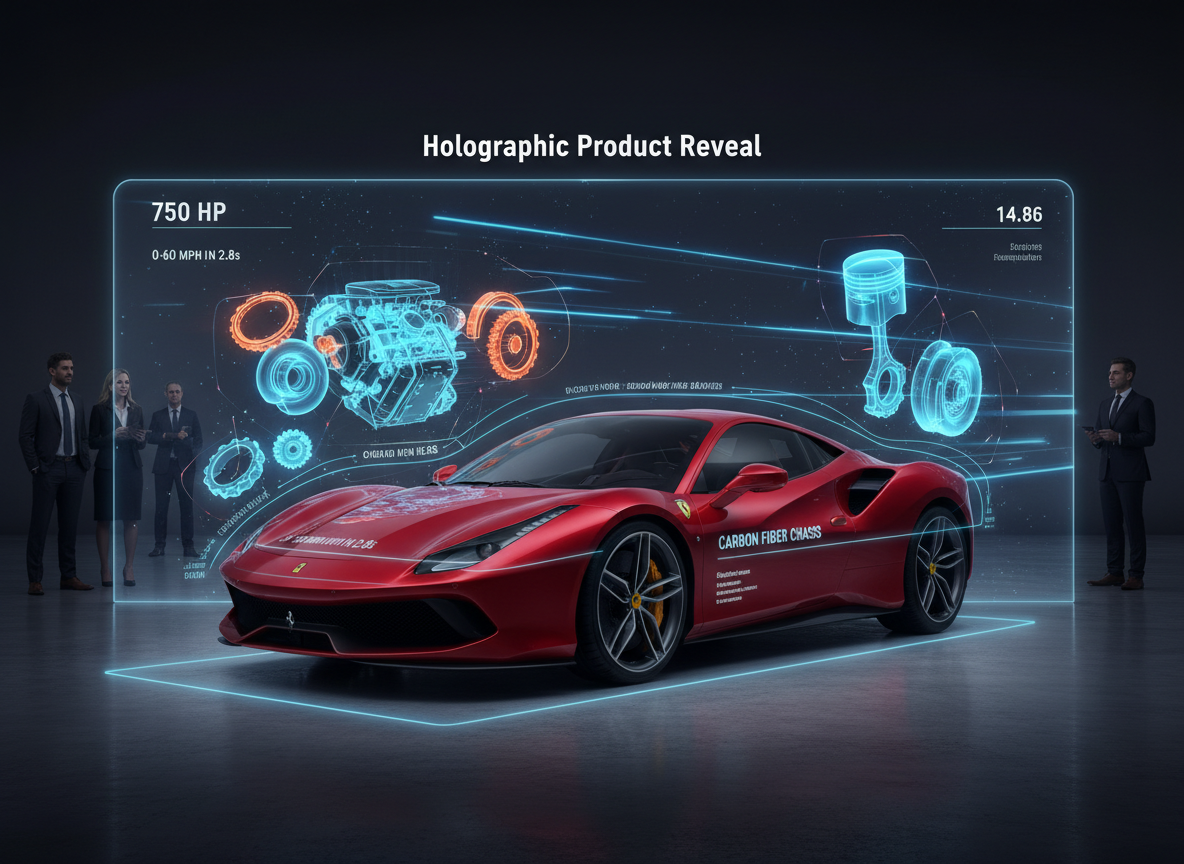 An automotive showroom utilizing a transparent holographic LED screen to display floating 3D engine components and technical specifications that align with a physical sports car parked behind it, highlighting holographic product reveals in premium B2B environments.