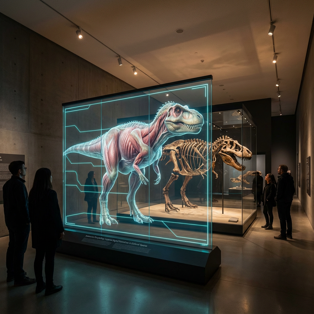 沉浸式叙事：文化空间中的分层数字叙事。在复杂的博物馆画廊装置中，透明LED屏幕被用作化石展品前的“增强玻璃”隔断。图像展示了玻璃后面的恐龙骨架，LED屏幕覆盖了半透明的数字“重建”生物的肌肉和皮肤，让参观者可以同时看到文物和叙事层。