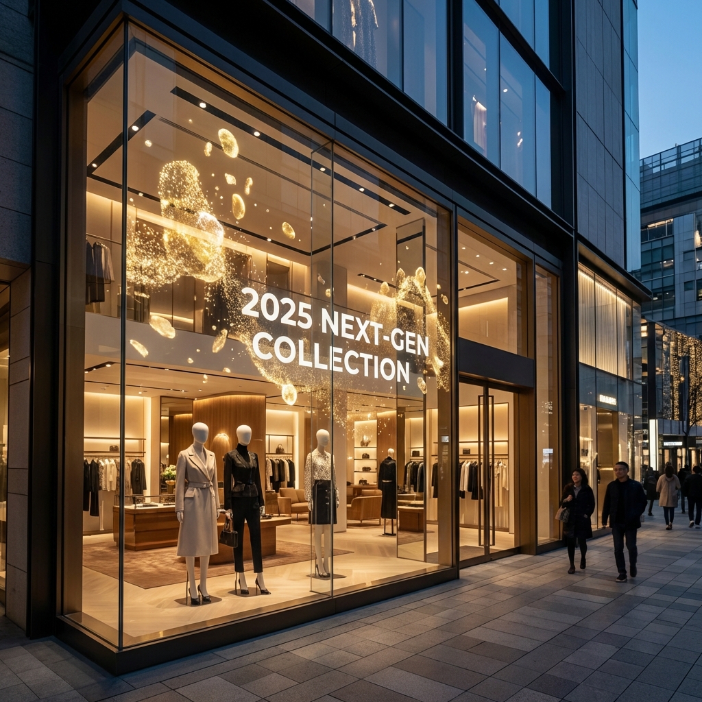 A luxury retail storefront at dusk with a massive transparent LED display integrated into the glass window. The screen shows vibrant, floating 3D digital content with text '2025 NEXT-GEN COLLECTION,' while the store interior remains perfectly visible, showcasing seamless integration of advertising and architecture.