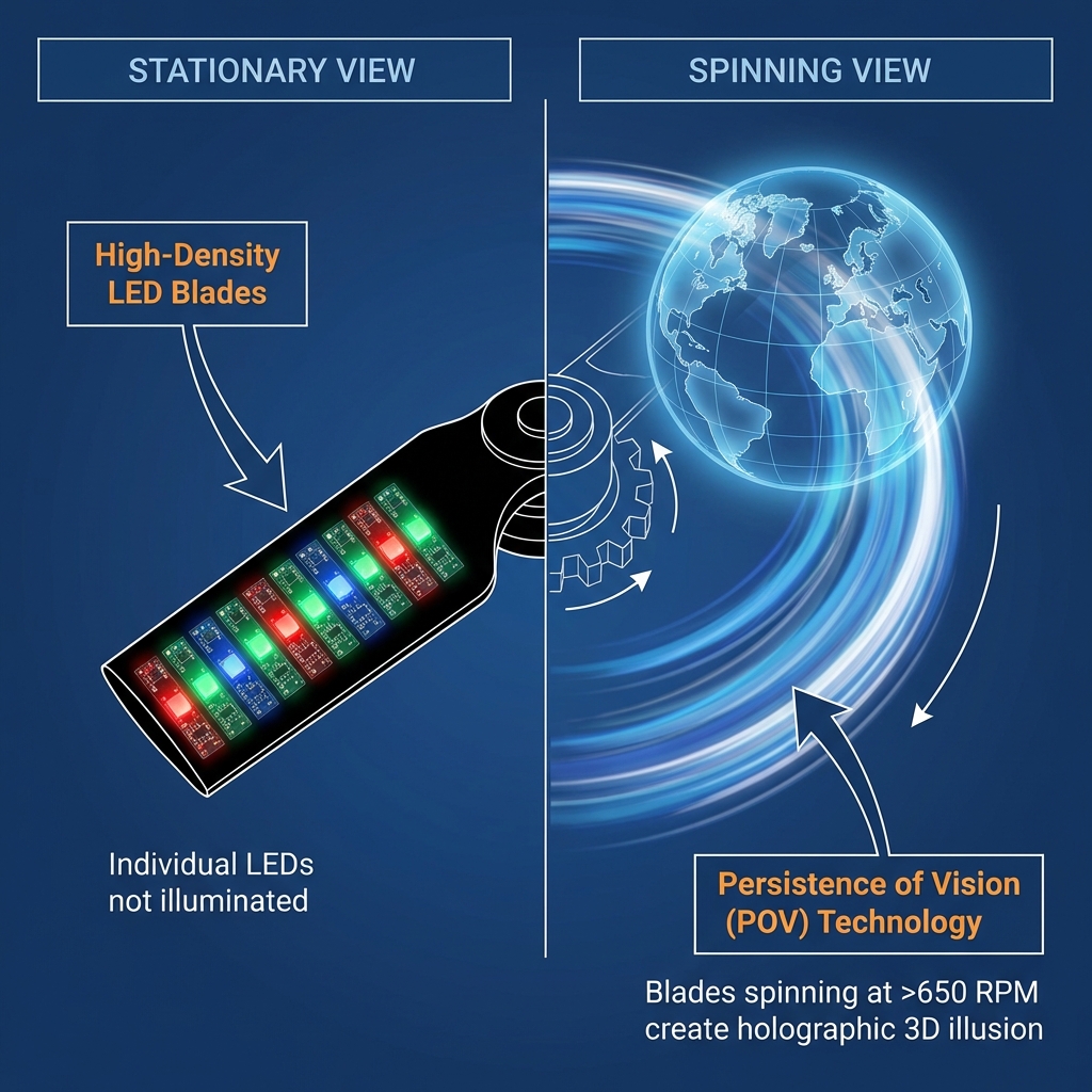 技术剖析图：左侧是带有“高密度LED叶片”的静止LED风扇叶片，展示RGB LED灯珠；右侧风扇以650 RPM高速旋转，通过“视觉暂留效应”形成透明3D地球。