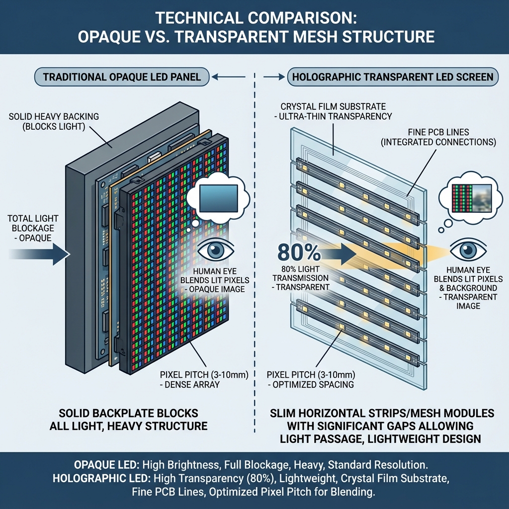 技术比较：不透明与透明网格结构。插图展示了传统LED墙的实心背板与全息透明LED屏幕的薄LED灯条和网格模块之间的结构差异，后者允许80%的光线透过。