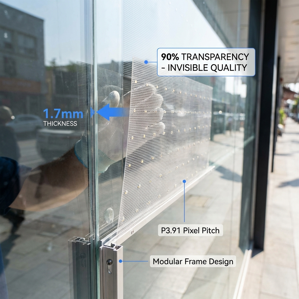 A macro shot of a Zhenmei Wisdom M Series transparent LED holographic module being installed, highlighting its ultra-thin profile, 90% transparency, and P3.91 pixel pitch on a glass pane.