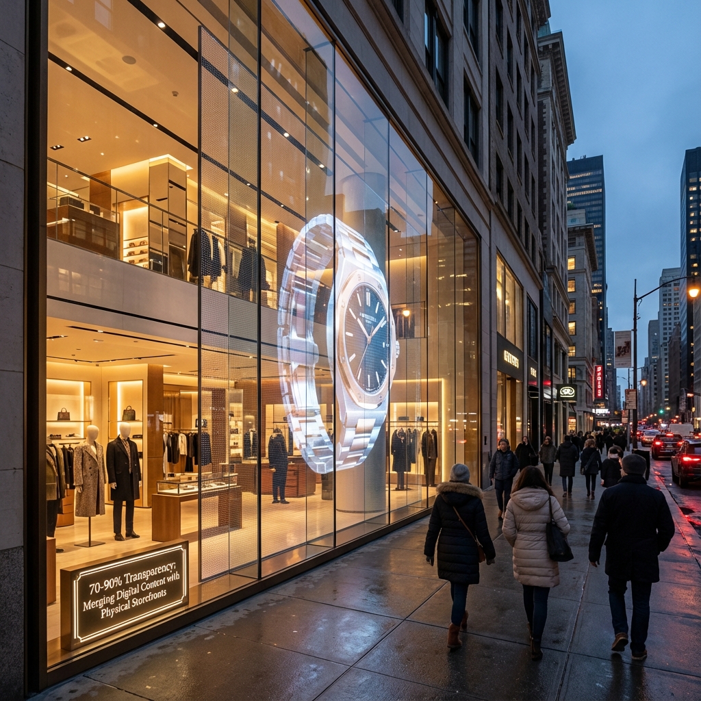 黄昏时分的高端旗舰零售店面，展示了透明LED全息屏幕的“浮动”视觉效果。图像展示了一个大型玻璃幕墙，一个充满活力的3D渲染奢侈手表在空中旋转，利用了文章中提到的70-90%透明度。透过数字内容，店面内部、模特和温暖的建筑照明清晰可见，这表明该技术如何在不遮挡真实商品视图的情况下叠加动态内容。灯光平衡，显示出高亮度性能（约3000尼特），与繁忙大都市商业街的傍晚环境光线相得益彰。