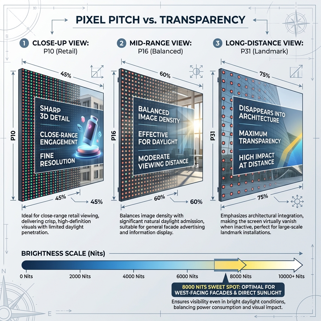 A technical diagram comparing pixel pitch and transparency trade-offs for LED mesh screens: P10 (45% transparency) for close-range retail, P16 (60% transparency) for mid-range, and P31 (75% transparency) for long-distance landmark viewing.
