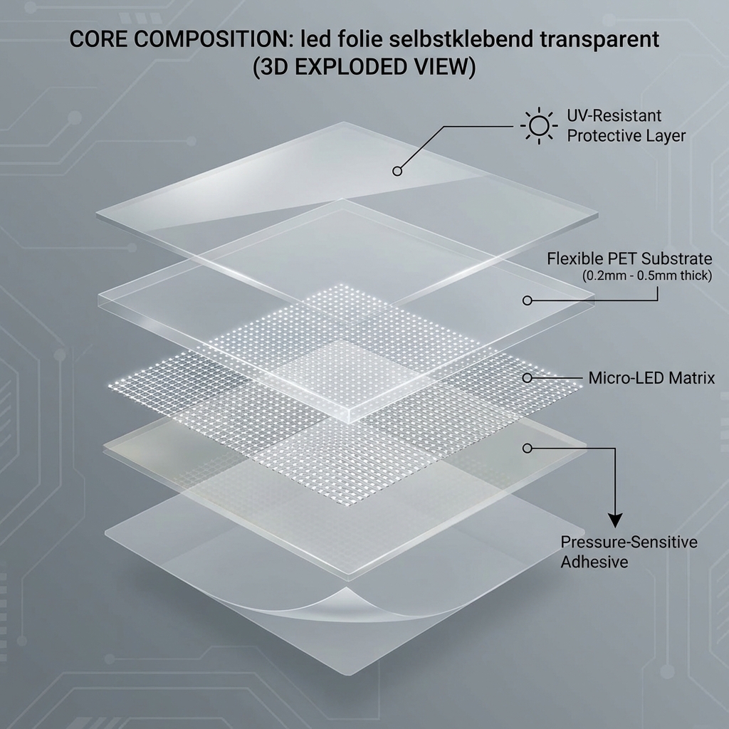 A detailed technical 3D exploded-view diagram showing the layers of 'led folie selbstklebend transparent'. It deconstructs into a top UV-Resistant Protective Layer, a Flexible PET Substrate embedded with a Micro-LED Matrix connected by a conductive circuit, and a bottom Pressure-Sensitive Adhesive layer.