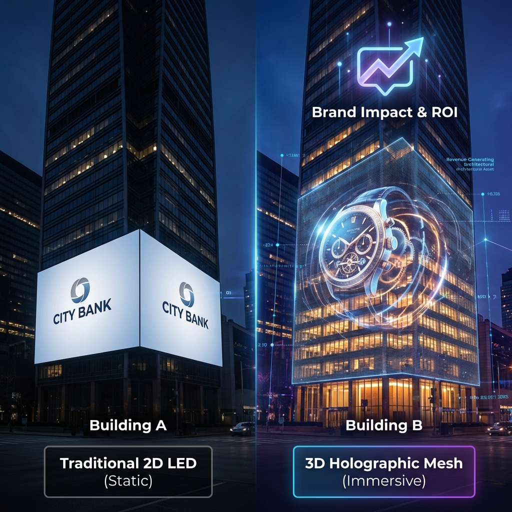 A side-by-side comparison of two city buildings at night: one with a traditional 2D LED billboard and another with a 3D holographic LED mesh displaying a floating luxury watch, emphasizing the immersive experience and brand impact of holographic technology.