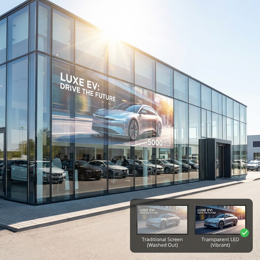A car dealership's sun-facing glass facade at noon, featuring a transparent LED window display showing a vivid electric vehicle ad, demonstrating high brightness and clear visibility despite direct sunlight. A subtle infographic compares traditional vs. transparent LED in bright conditions.