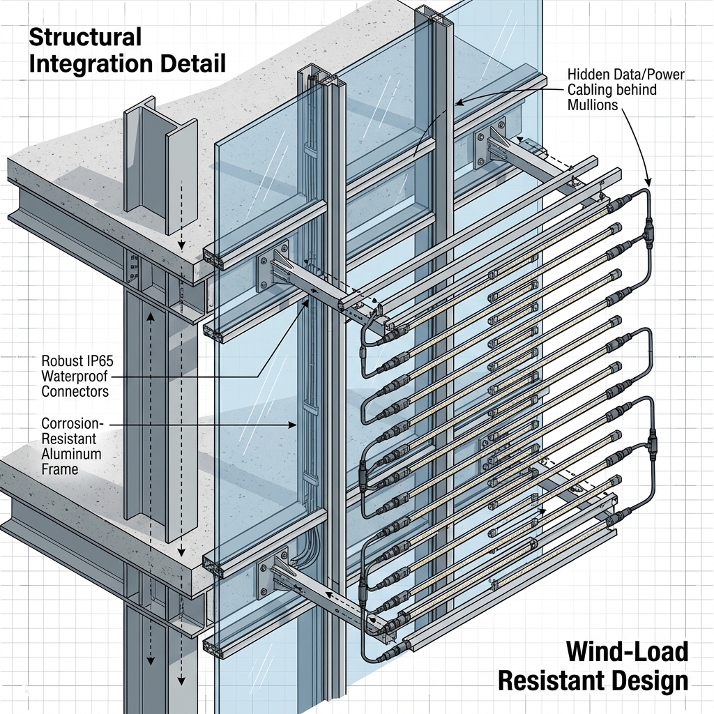 A detailed 3D exploded view showing the engineering integration of an LED mesh onto a curtain wall, highlighting IP65 waterproof connectors, a corrosion-resistant aluminum frame, and hidden data/power cabling behind mullions.