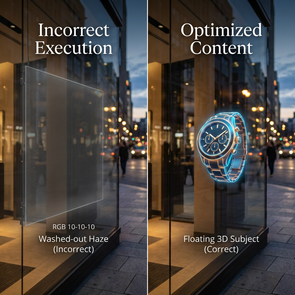 A side-by-side comparison illustrating how content with a pure black background creates a 'floating 3D subject' effect on a holographic LED display, while content with a dark gray background results in a 'washed-out haze' that reveals the LED mesh, emphasizing the critical role of true black for effective holographic illusions.
