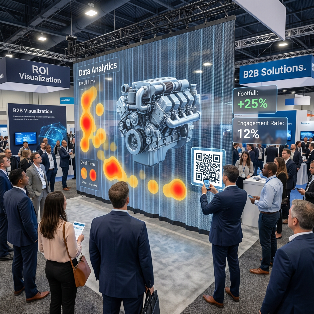 A B2B performance and ROI visualization in an exhibition hall, featuring a large holographic LED curtain displaying a 3D industrial engine with a QR code CTA. Overlays show data analytics like 'Dwell Time' heatmaps and digital counters for 'Footfall: +25%' and 'Engagement Rate: 12%', with an attendee scanning the QR code, illustrating the measurability of holographic deployments.