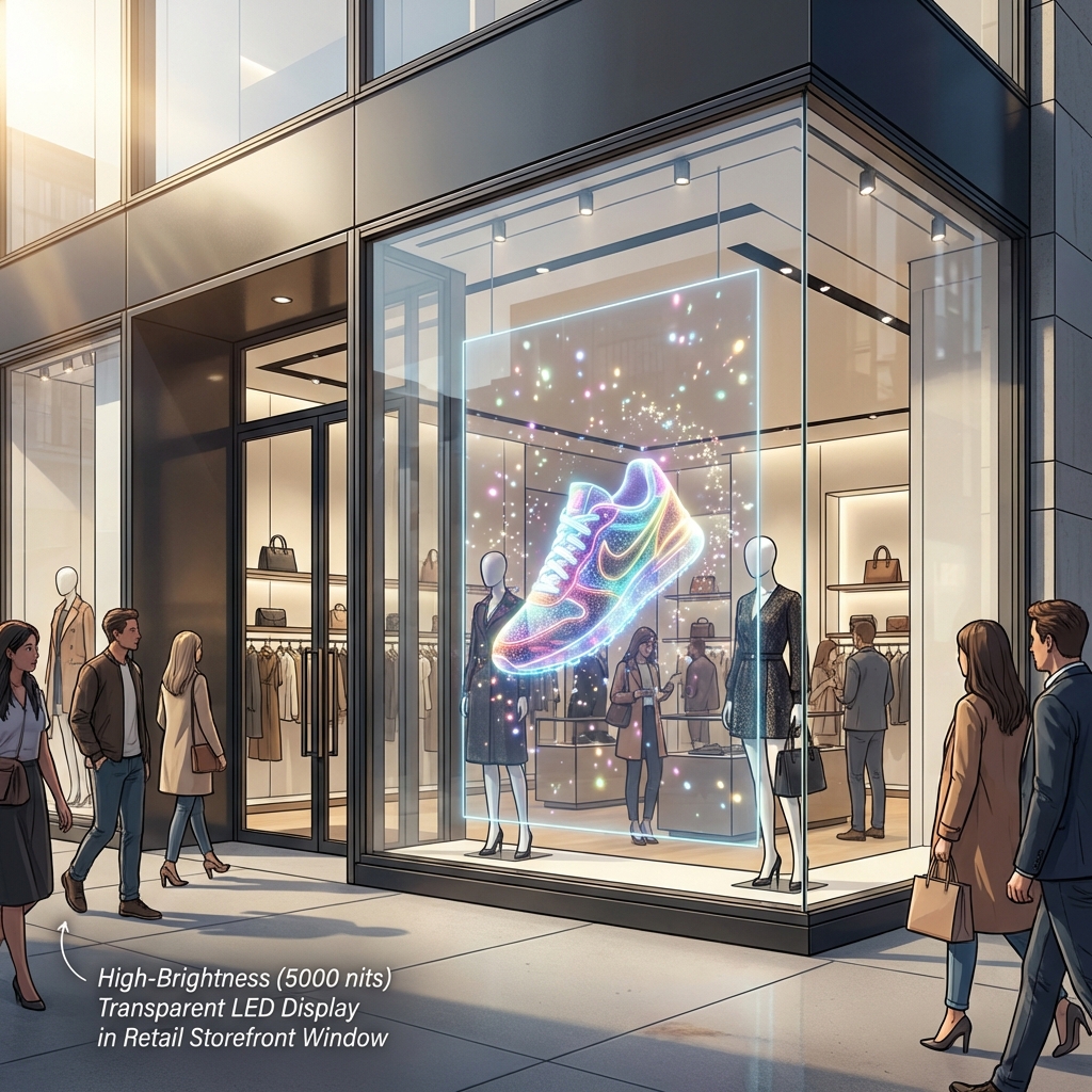 High-Brightness (5000 nits) Transparent LED Display in Retail Storefront Window