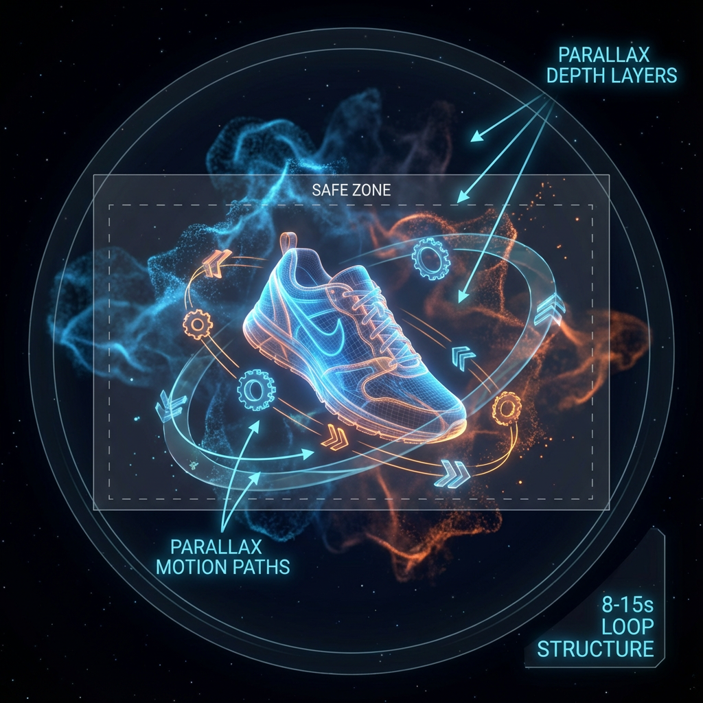 A detailed 3D creative breakdown of a holographic micro-story loop, showing an 'exploded view' of foreground, mid-ground, and background layers with parallax motion paths and safe zones, demonstrating how to create depth and an engaging 8-15 second narrative for transparent screens.