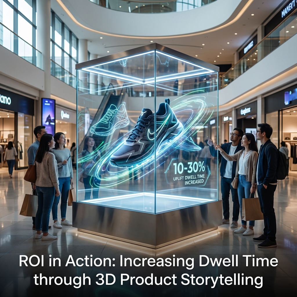 室内零售“产品展示”应用，一个实体高性能运动鞋被放置在透明玻璃展示柜内。玻璃上缠绕着超薄LED晶体膜。视觉上，3D风格的动态图形——发光的轮廓和“速度线”——围绕着实体鞋进行动画，创造出全息效果。