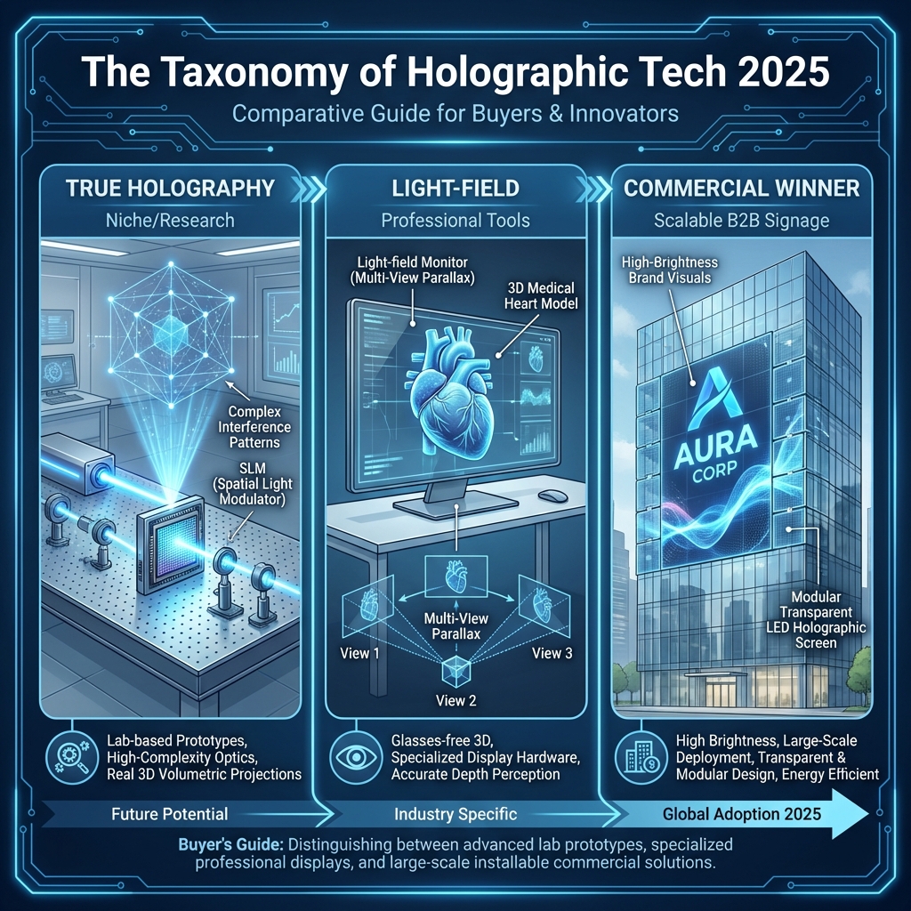 An infographic comparing 'True Holography' with SLM, 'Light-field' displays, and 'Transparent LED Holographic Screens' as the commercial winner for B2B signage.
