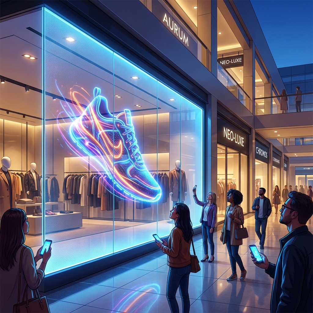 A hyper-realistic 3D holographic sneaker floating in a luxury shopping mall storefront, demonstrating the attention-grabbing power of transparent LED holographic screens.