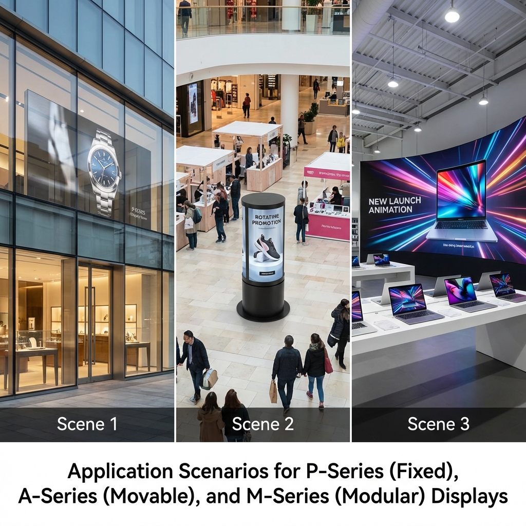 Application Scenarios for P-Series (Fixed), A-Series (Movable), and M-Series (Modular) Displays