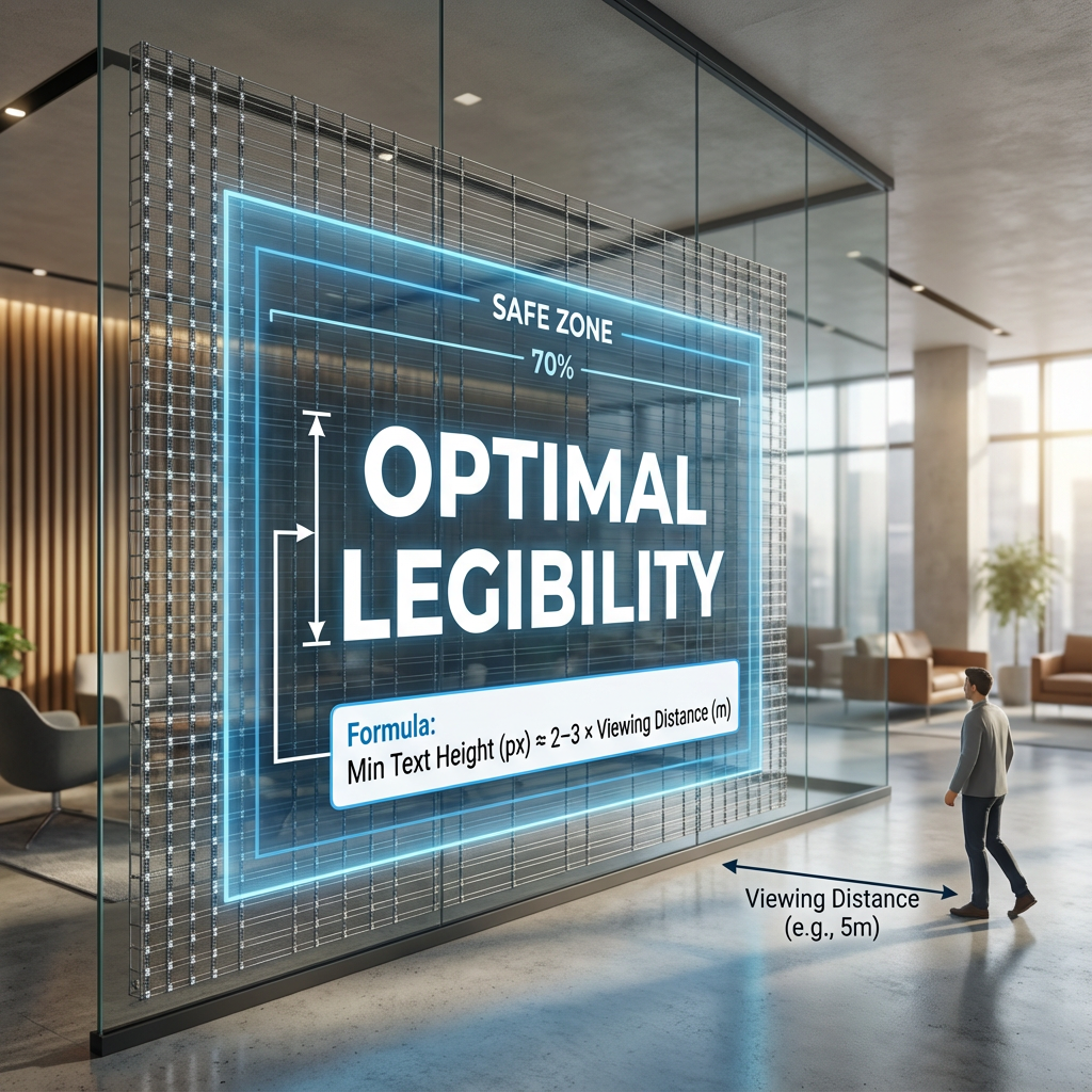 An infographic illustrating the relationship between pixel pitch and viewing distance for transparent LED mesh displays, with a formula for minimum readable text height, set against a modern corporate lobby to show how content must remain legible against real-world backgrounds.
