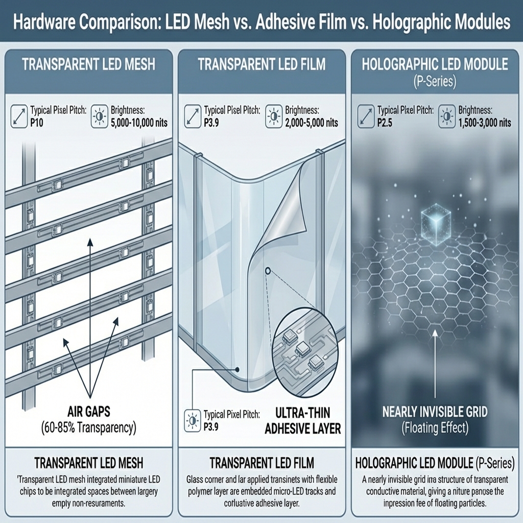 Hardware Comparison: LED Mesh vs. Adhesive Film vs. Holographic Modules
