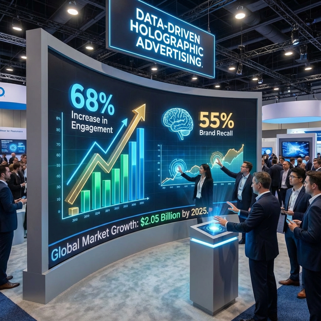 繁忙的展会展位上，巨大的同步全息墙展示着浮动的3D条形图，突出“68%的参与度增长”和“55%的品牌召回率”，专业观众正在与数字内容互动，底部显示“全球市场增长：2025年达到20.5亿美元”。