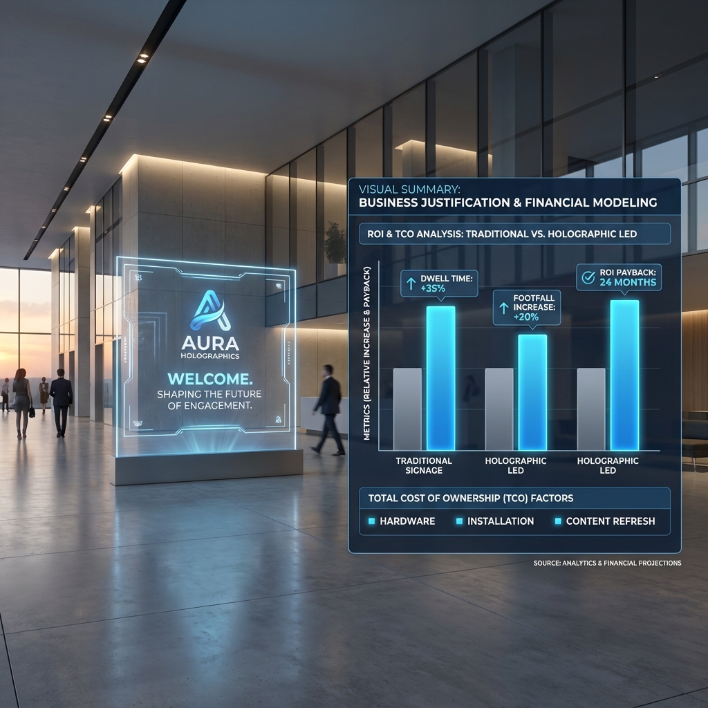 A data dashboard overlaid on a corporate lobby with a transparent holographic screen, summarizing ROI metrics like 'Dwell Time: +35%' and 'ROI Payback: 24 Months,' for commercial buyers.