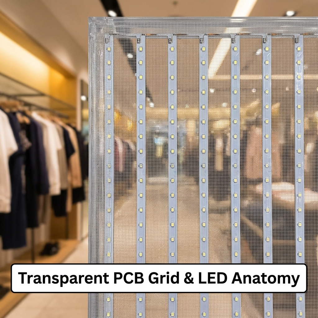 A technical macro view of the LED holographic mesh. The image shows thin vertical PCB strips populated with miniature, high-brightness LED nodes. Large clear gaps between the strips illustrate the 'invisible' technology, with a soft-focus retail environment visible in the background through the grid. Annotation: 'Transparent PCB Grid & LED Anatomy'.