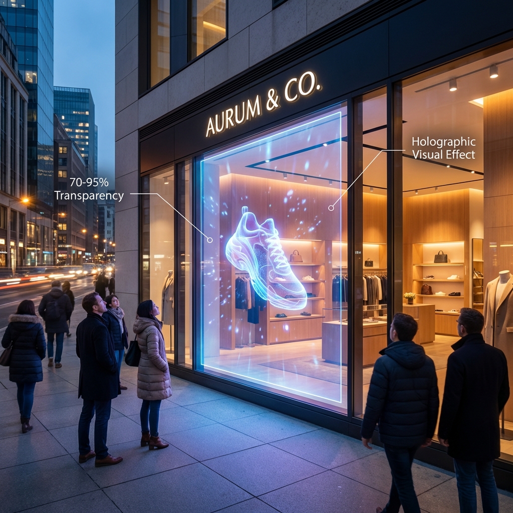 A luxury retail storefront at dusk with an 'Ice Screen' integrated into the window, displaying a floating 3D holographic sneaker animation, showcasing its 70-95% transparency and 'wow' factor that draws in pedestrians.