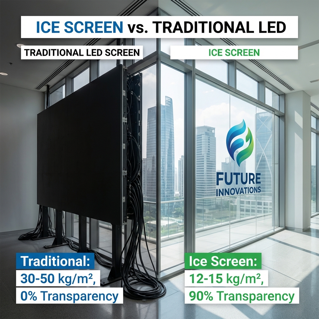 A comparative image showing a traditional LED screen as a solid, opaque wall blocking light on the left, versus a transparent ice screen on the right allowing natural light, with overlays highlighting the weight (30-50 kg/m² vs 12-15 kg/m²) and transparency (0% vs 90%) differences.