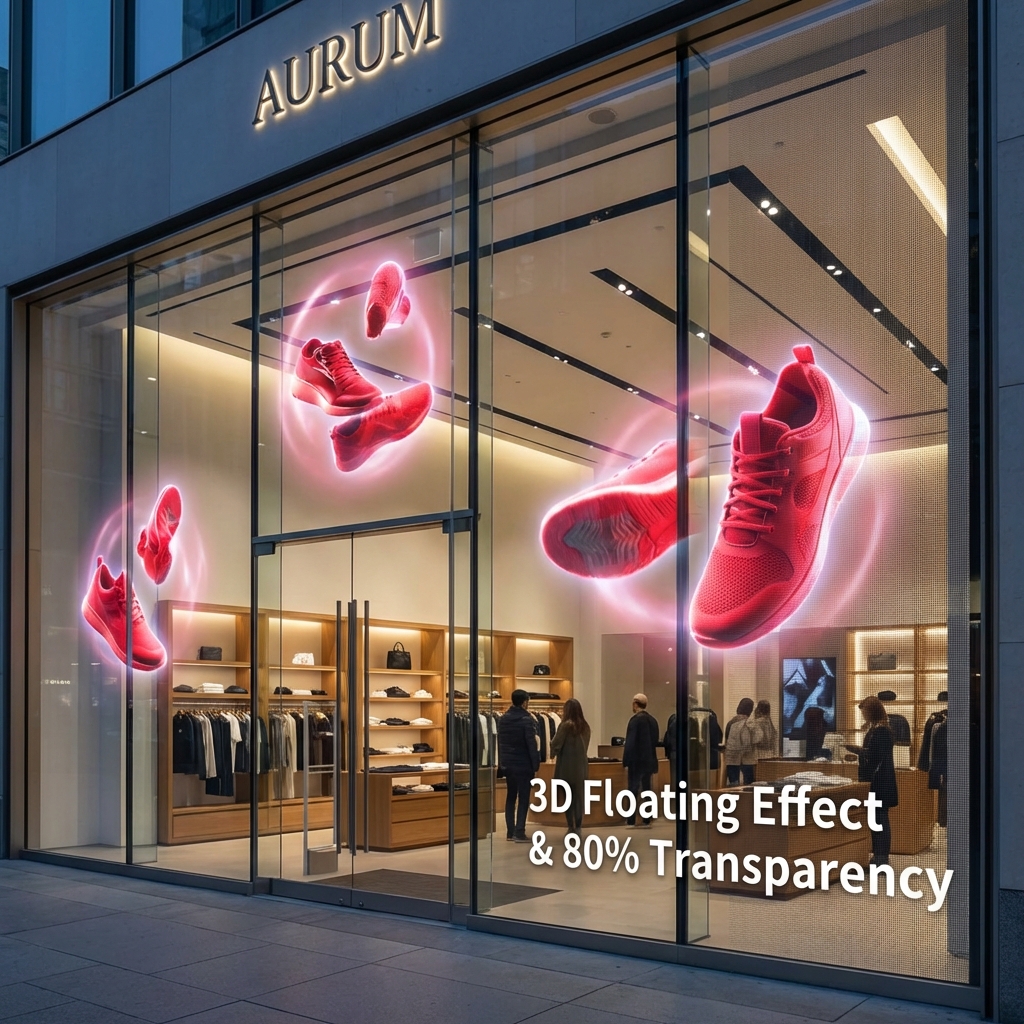 A wide horizontal shot of a luxury retail storefront. In the glass window, bright 3D red sneakers float and spin in mid-air with a glowing effect. The screen maintains 80% transparency, allowing viewers to see the store's interior shelves and shoppers directly through the digital animation. Annotation: '3D Floating Effect & 80% Transparency'.